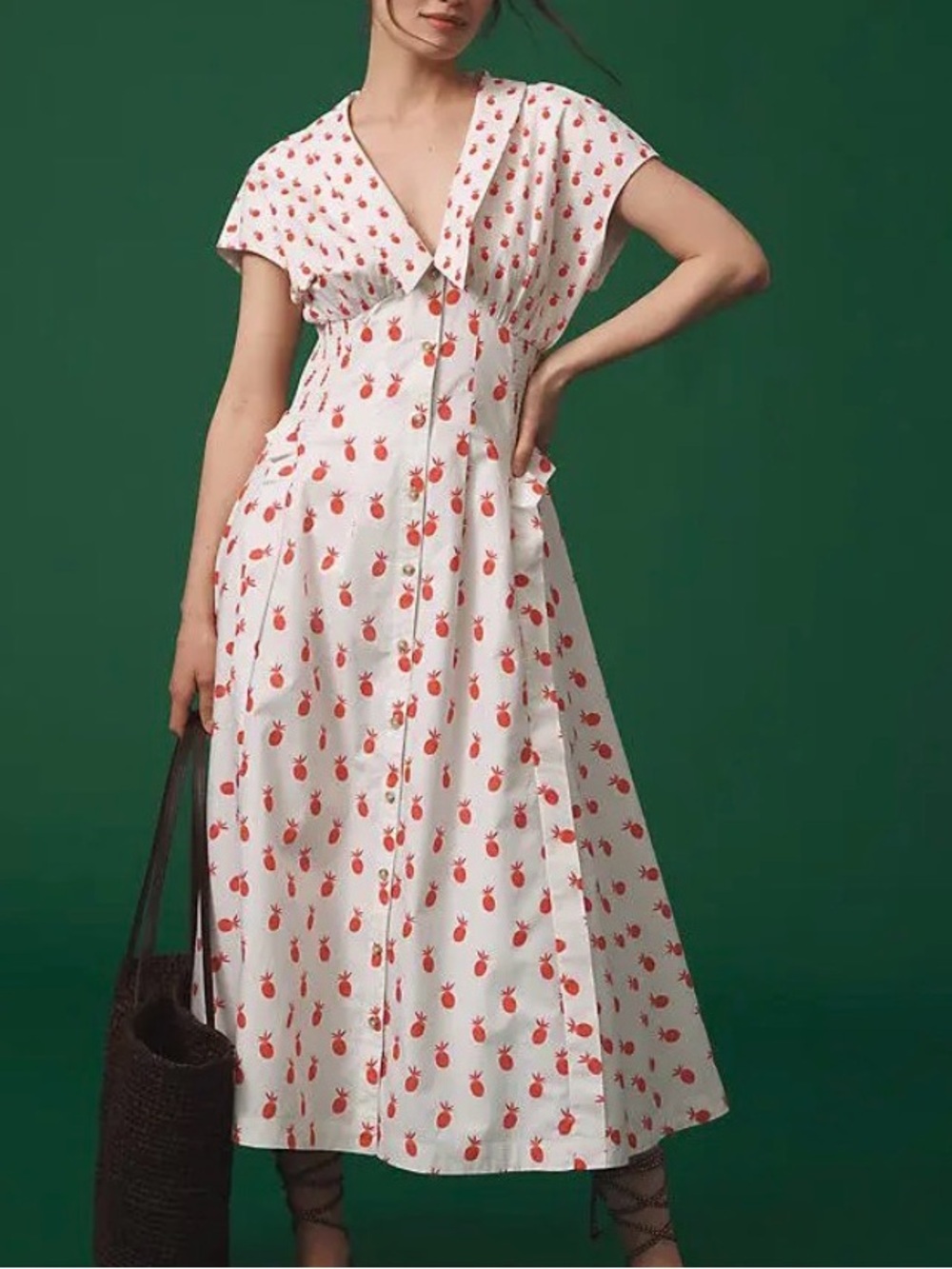 Anthropologie Short-Sleeve V-Neck Pleated Midi Dress